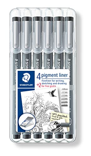STAEDTLER Fineliner pigment liner, schwarz, Set mit 6 Linienbreiten, Promotion 4 + 2 gratis, hohe Qualität Made in Germany, Pigmenttinte, dokumentenecht, lichtbeständig, 308 SB6P im Sale